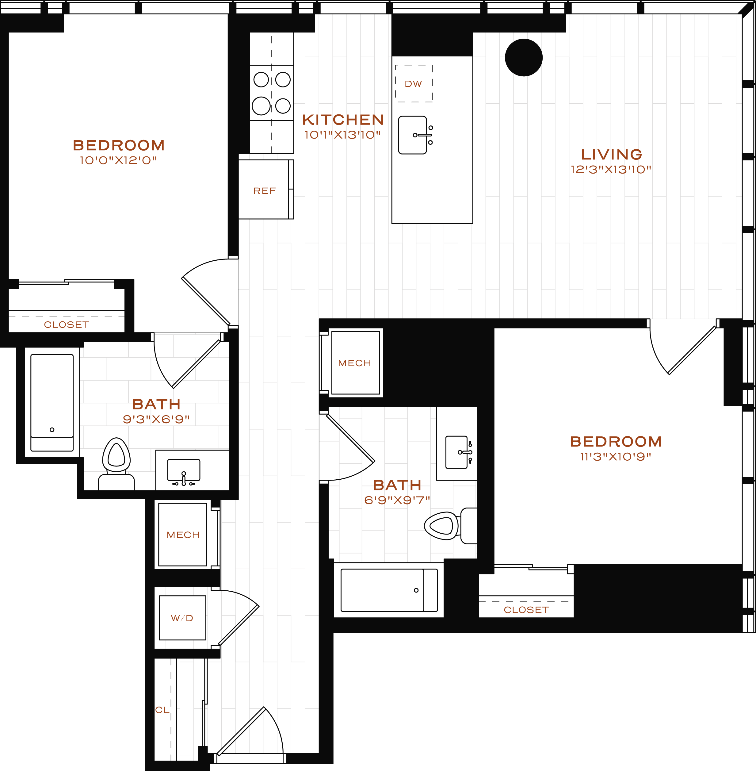 Rendering of the 2 Bed-2 Bath Floor Plan